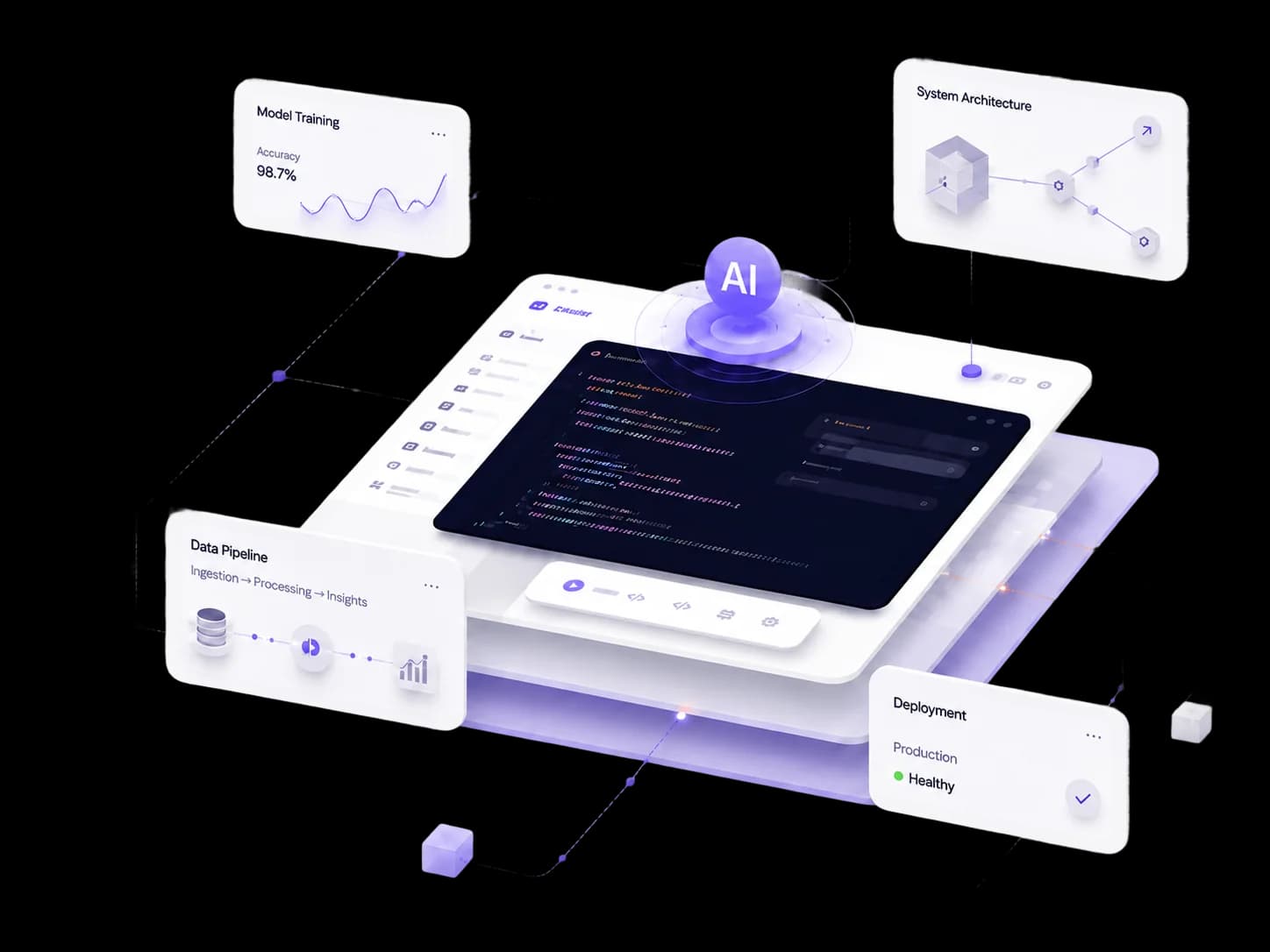 Legacy Script — AI-Powered Development Platform with code editor, model training dashboard, system architecture, data pipeline, and deployment status